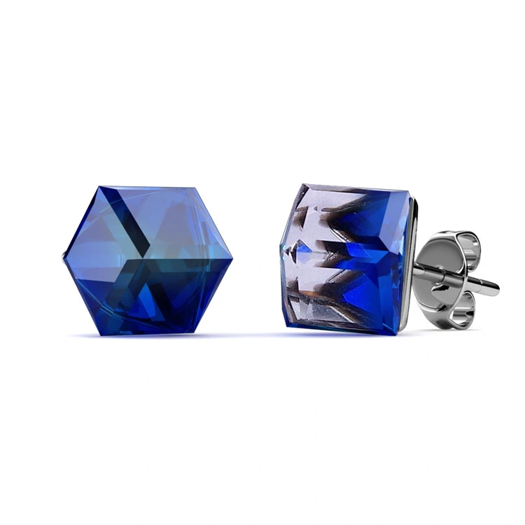 Hypoallergenic 18K Gold Plated Brass Jewelry Classic Cube Blue Crystal Stud Earrings for Women