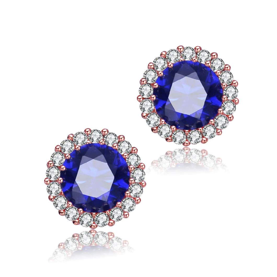 Classic Customized Color 925 Sterling Silver Bling Blue CZ Paved European Women Stud Earrings for Anniversary