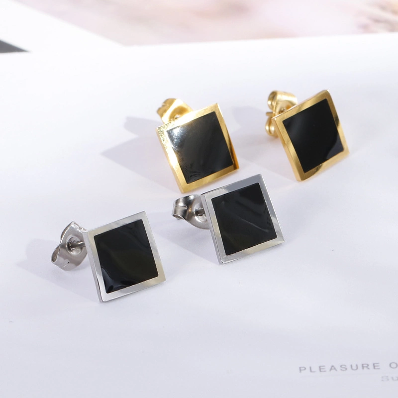 Diamond Black Square Geometric Gold-Plated Stainless Steel Earrings Stud
