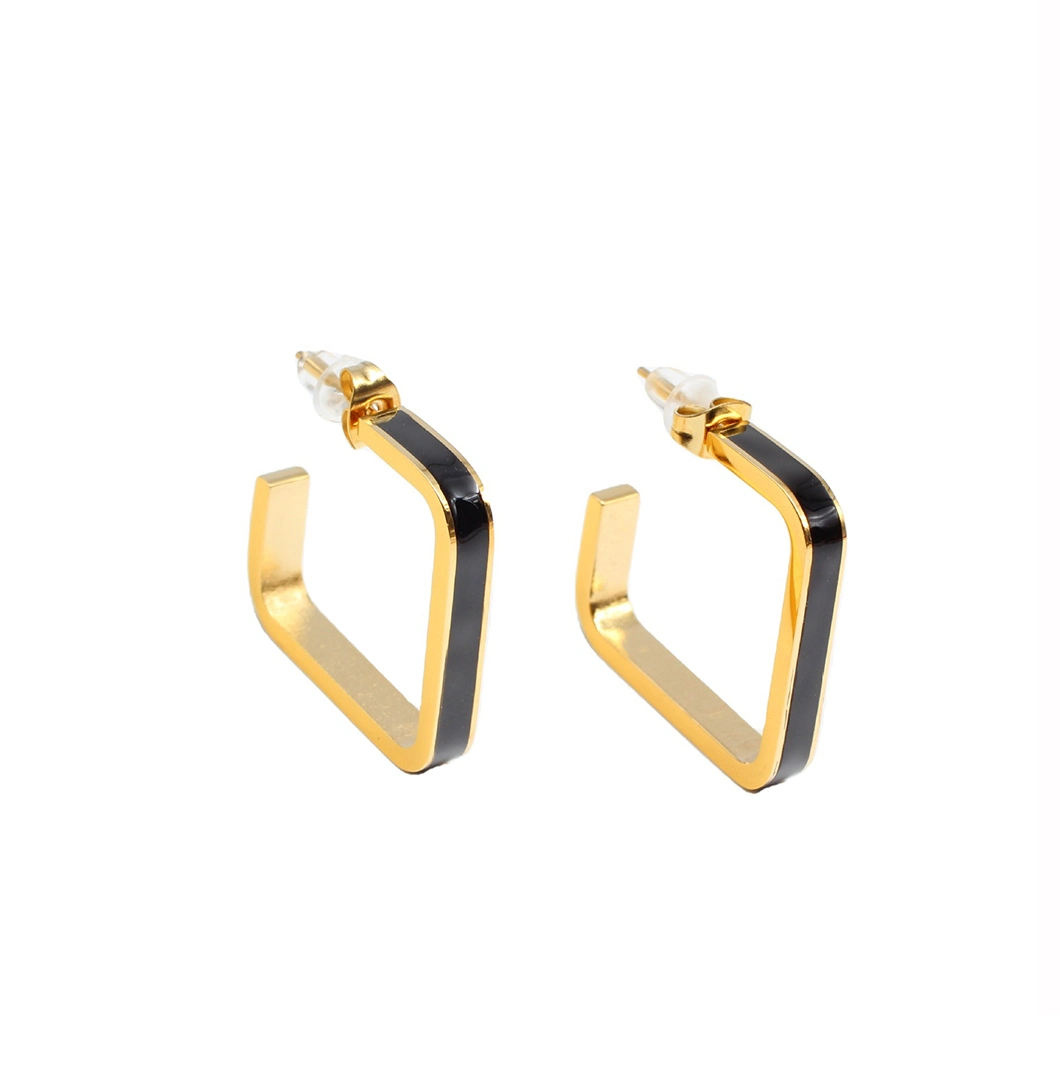 New Arrival Costume Fashion Simple Metal Geometric Earring Gold Plated with Enamel Stripe Square Shape Earrings