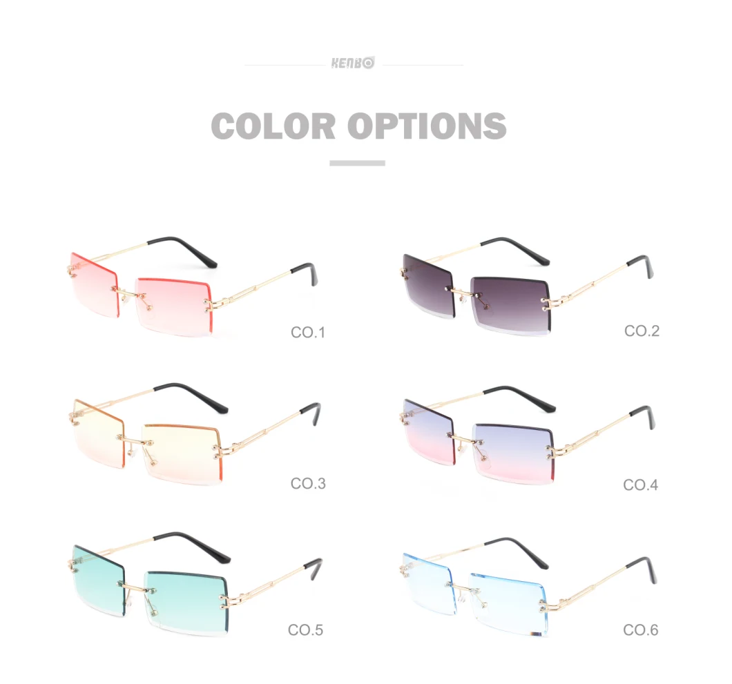 Kenbo Eyewear High Quality Metal Gradient Vintage Small Rectangle Rimless Sunglasses for Women 2020