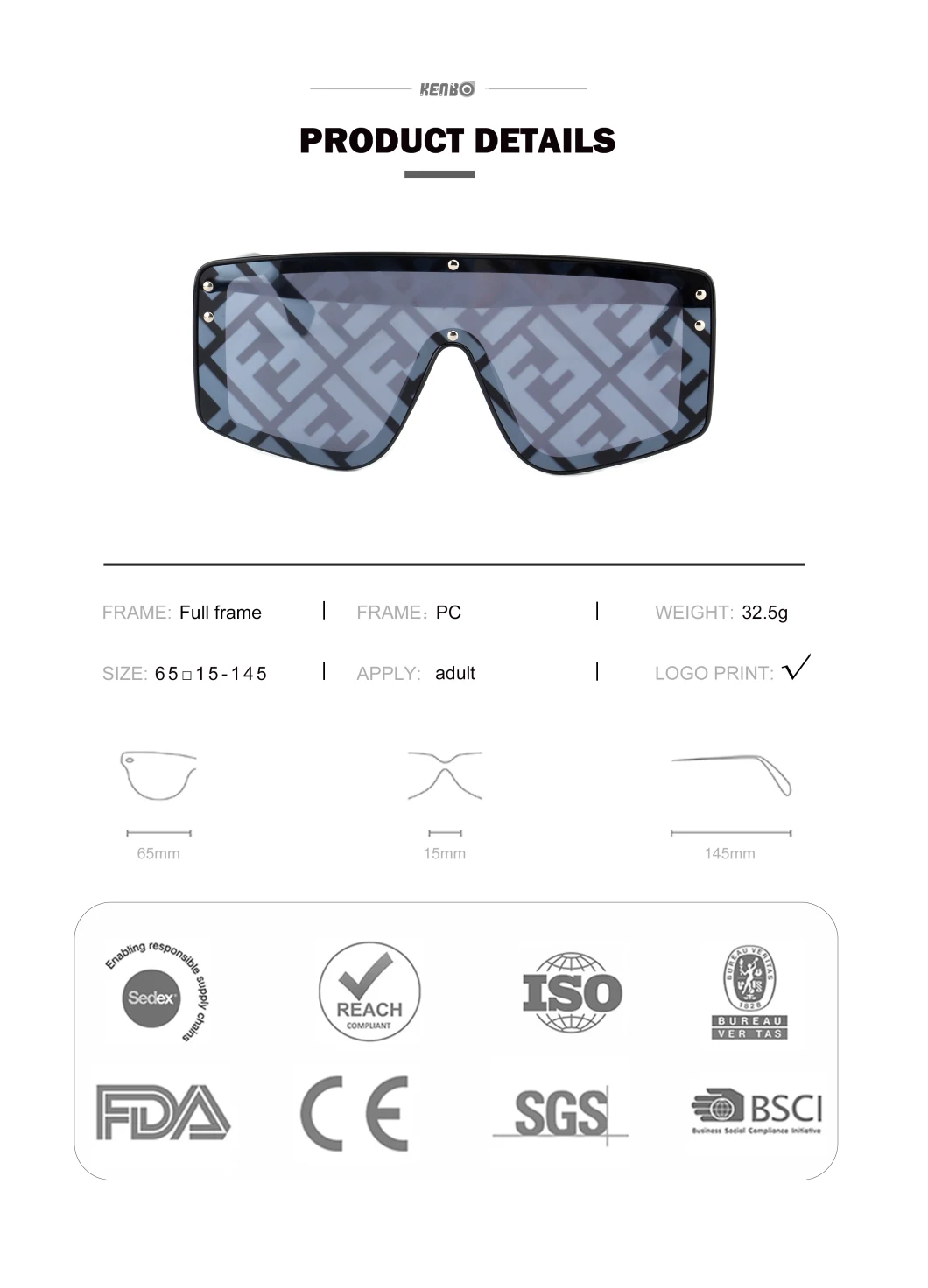 Kenbo Eyewear Oversized Rectangle Sunglasses 2020 Designer Mirror Sun Glasses Rimless Letter F One Piece Lens Sunglasses Women