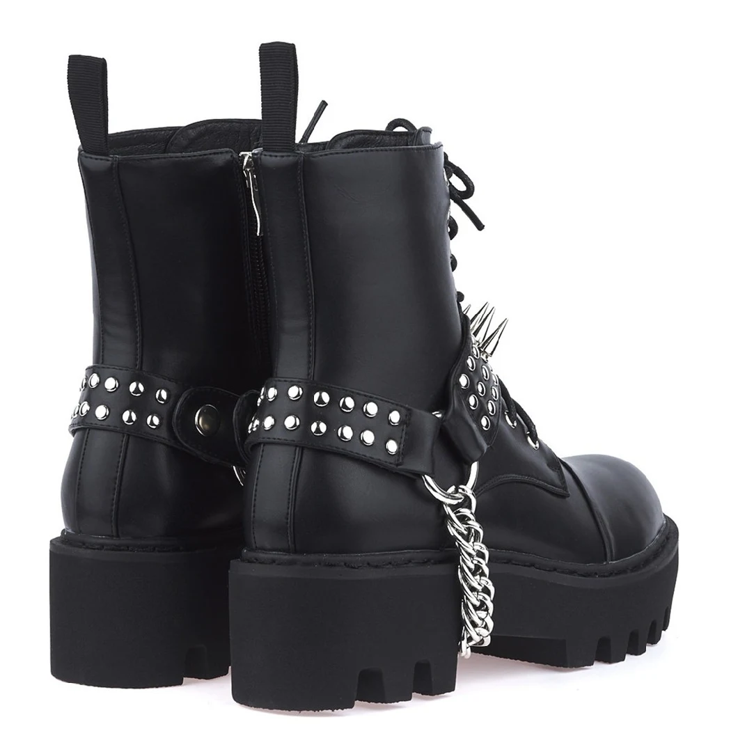 Fashion Women Boots Girls Spikes Chains Winter Studs Lace up Ladies Shoes