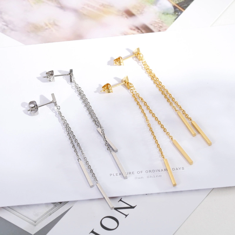 Geometric Triangle Tassel Long Gold-Plated Stainless Steel Earrings Stud
