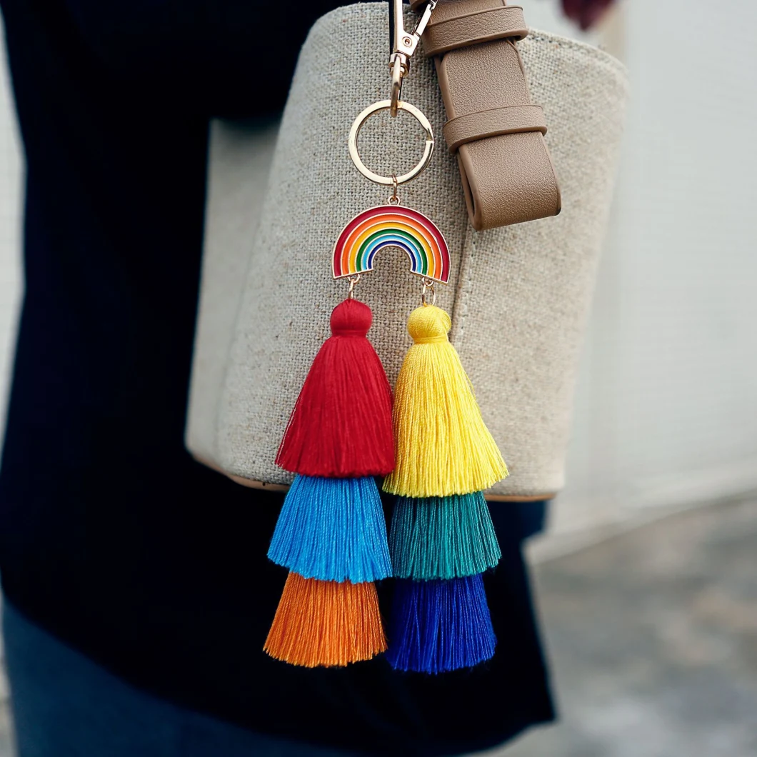 Rainbow Tassel Boho Womens Accessories Soft Handmade Charm Keychain Bohemian Bag Pendants