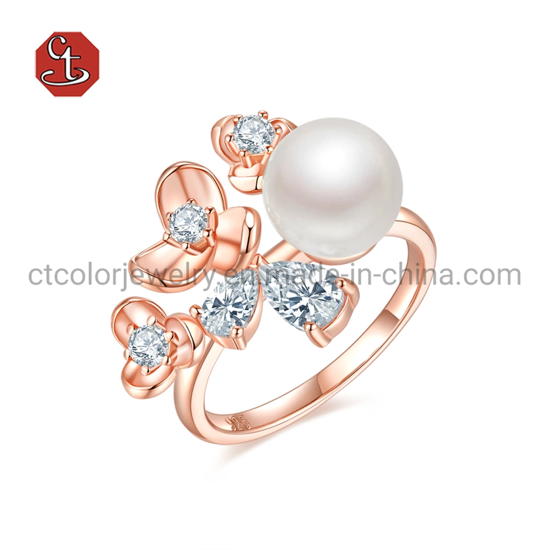 Elegant Fashion Jewelry 18k Rose Gold Plated Silver&Brass Flowers and pearls Rings
