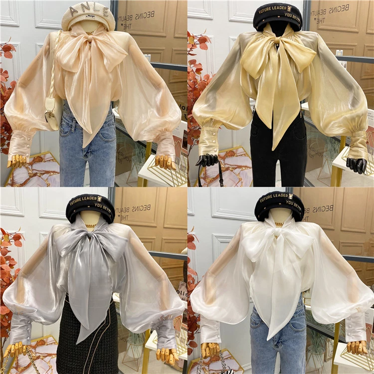 Spring New Style Korean Women's Bow Shirt Western Style Long Sleeve Super Fairy Blouse