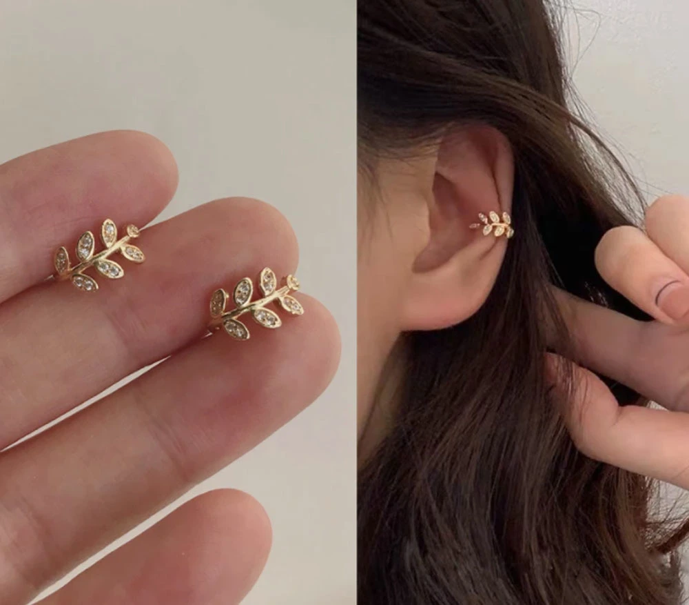 Delicate Statement Diamond Leaves Women Charm Ear Clip Earrings Jewelry Non Pierced Earcuff Clip on Earrings