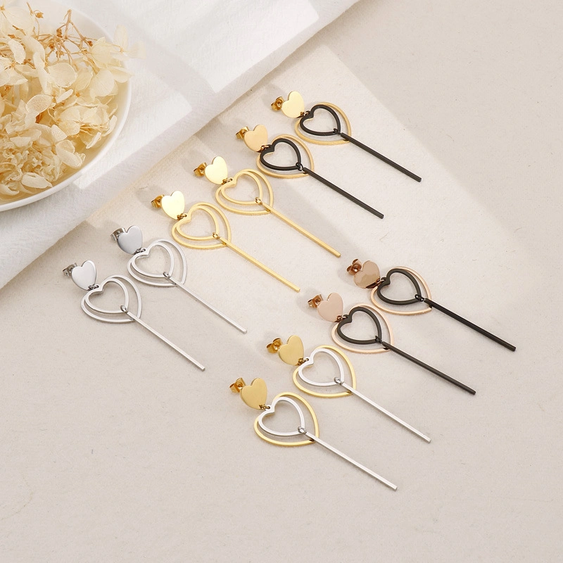 Double Heart-Shaped Geometric Long Gold-Plated Stainless Steel Earrings Stud