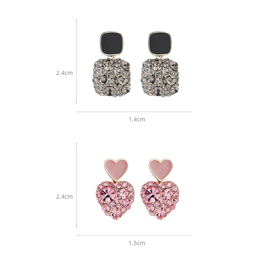 Fashion Rose Gold Plate Gp Square Stud Earrings of Pink Crystal & Black Crystals Earrings for Woman Accessories Gift