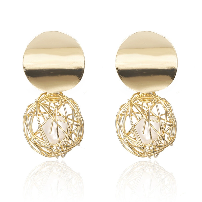 2019 New Style Alloy Woven Ball Pearl Geometric Knot Earrings