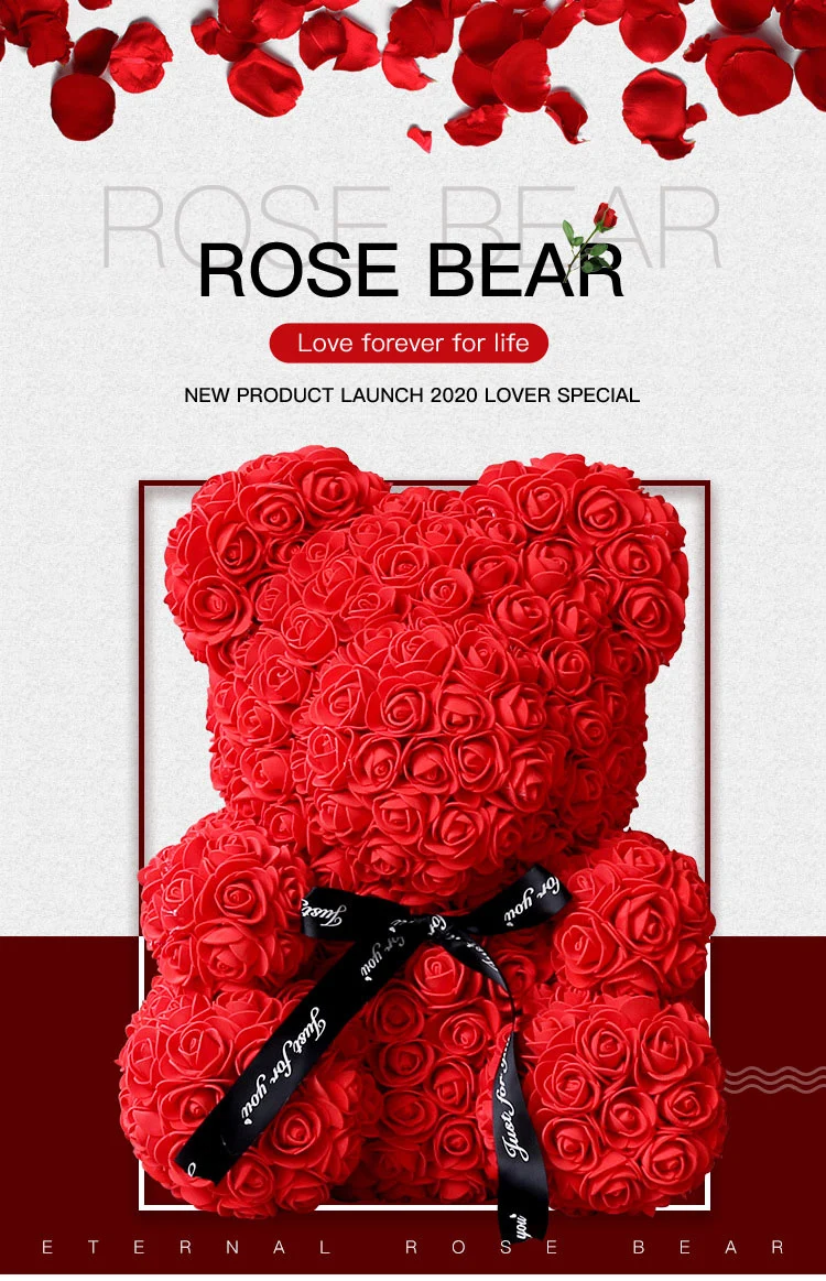 Valentines Day Gift 40cm Red Rose Bear Rose Flower Artificial Decoration Christmas Gifts Flower Bear