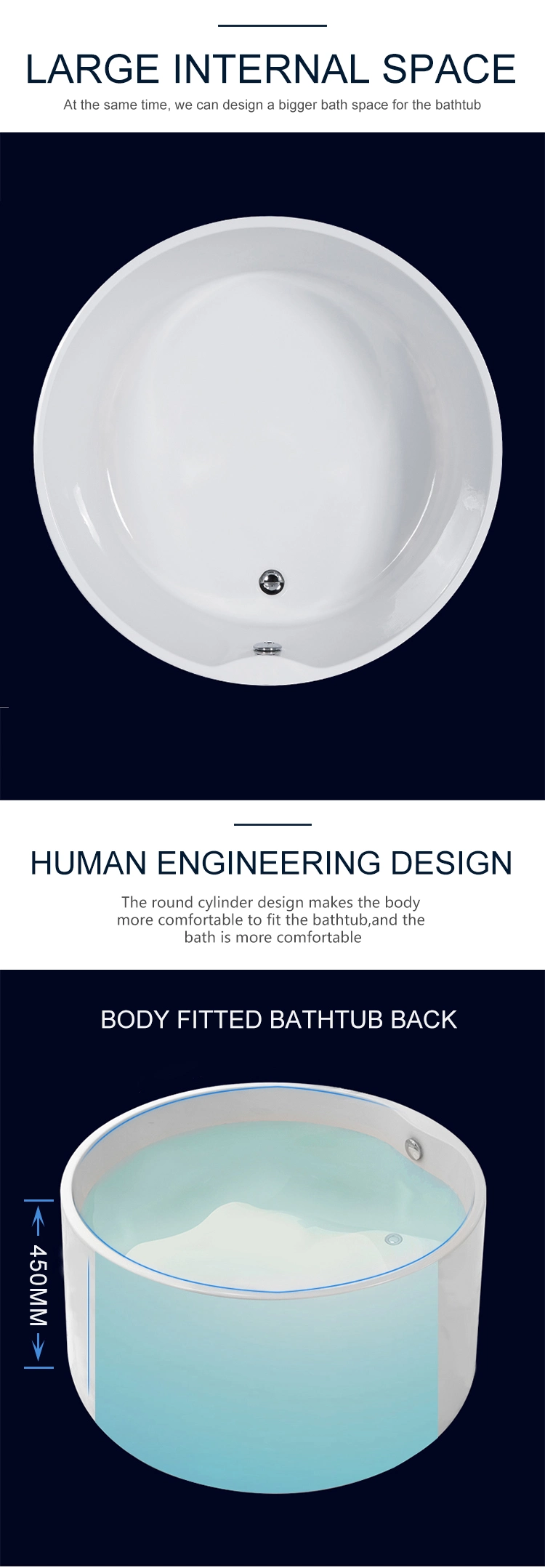 Simple Design Freestanding Acrylic Round Bathtub Soaking Tub
