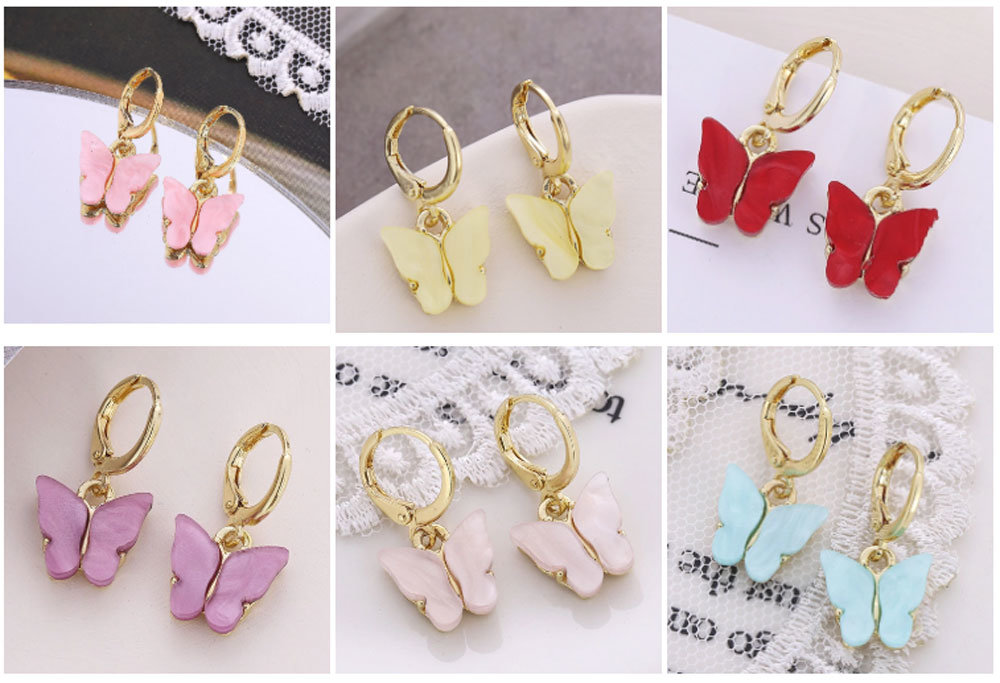 Hot Sale Butterfly Pink Glass Drop Earrings Girl Woman Fashion Jewelry Butterfly Earrings