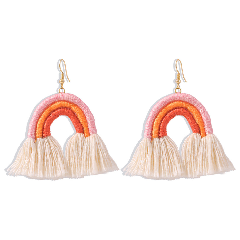 Ethnic Style Tassel Earrings Women Retro Bohemian Rainbow Alloy Woven Earrings