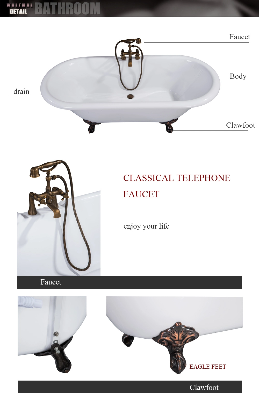Freestanding Ancient Clawfoot Double End Oval Bathtub