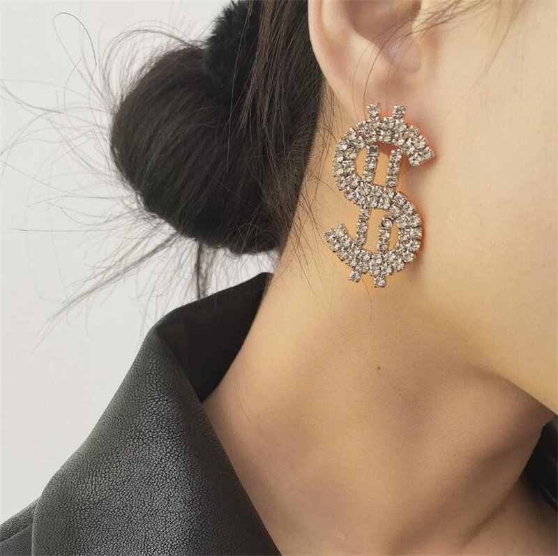 Elegant Woman Earrings Jewelry Dollar Sign Design Diamond Gilded Pendant Engagement Earrings