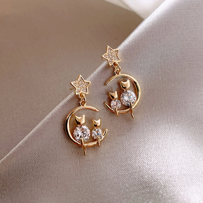 Star Moon Cat Stud Earrings for Women Charming Wedding Party Crystal Earring Accessories Charming Wedding Party Crystal Earring Accessories