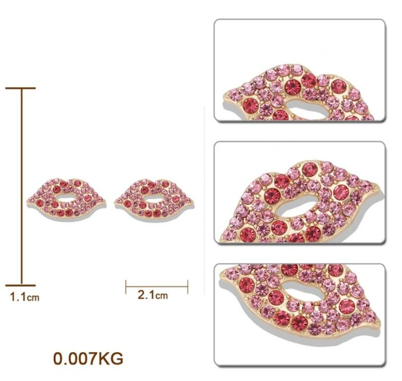 Hot Selling Sexy Kiss Lip Shape Stud Earring Diamond Fashion Shiny Red Mouth Earring
