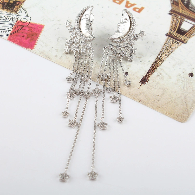 925 Silver Jewelry Personalized Little Star and Moon Tassel Earrings