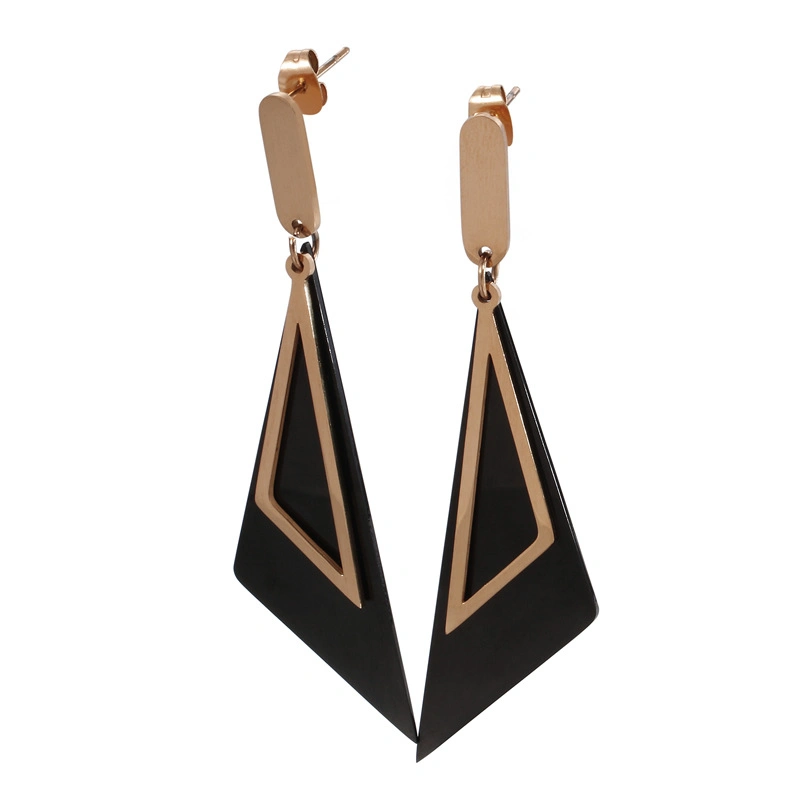 Geometric Black Diamond-Shaped Gold-Plated Stainless Steel Earrings Stud