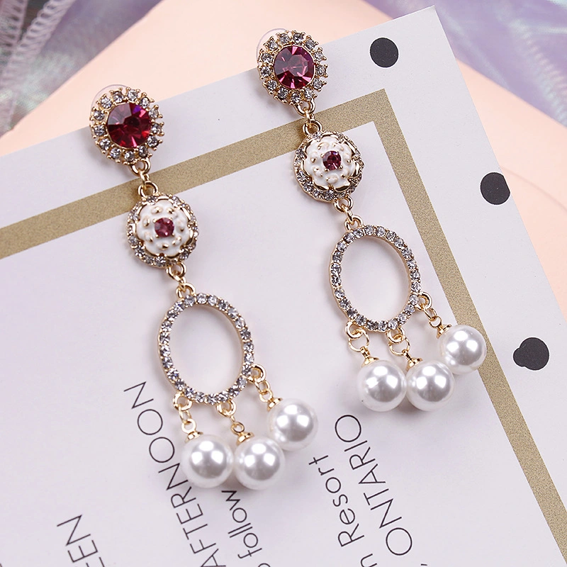 Fashion S 925 Sliver Plated Zircon Sweet Hoop Hollow out Pearl Long Earrings