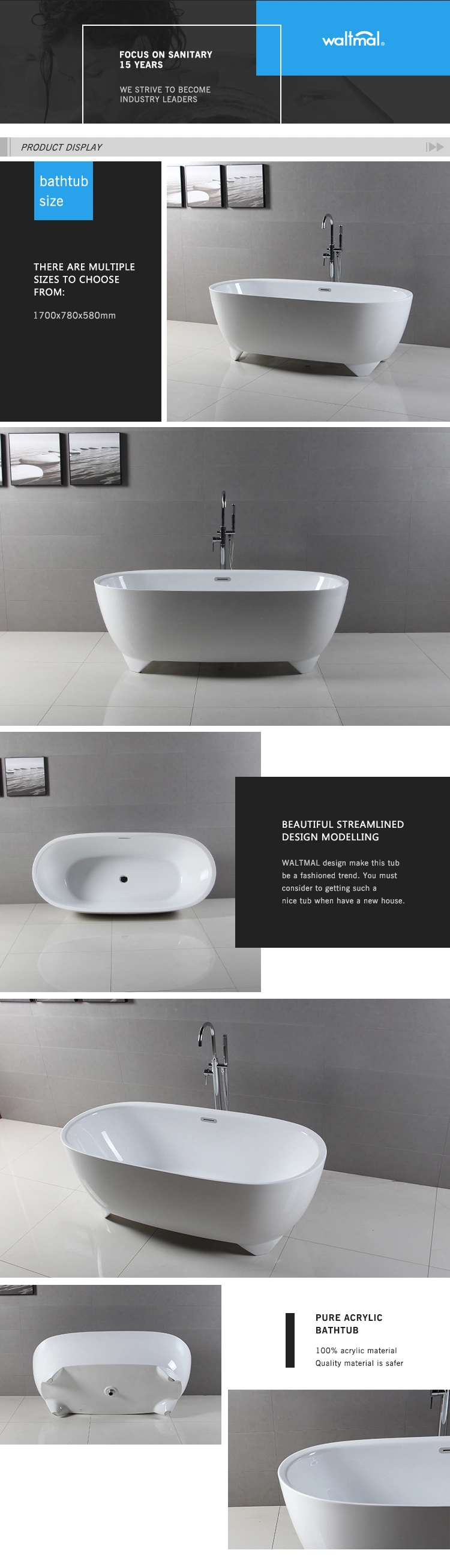Waltmal New Design Bath Tub Freestanding Hot Tub