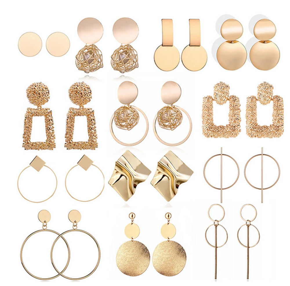 Fashion Jewelry Geometric Statement Hanging 18K Gold Plated Earrings
