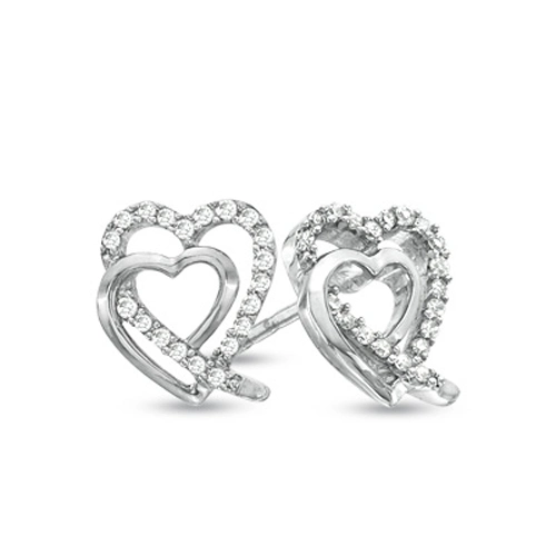Double Heart Cubic Zirconia Silver Stud Earrings Silver Jewelry Wholesale