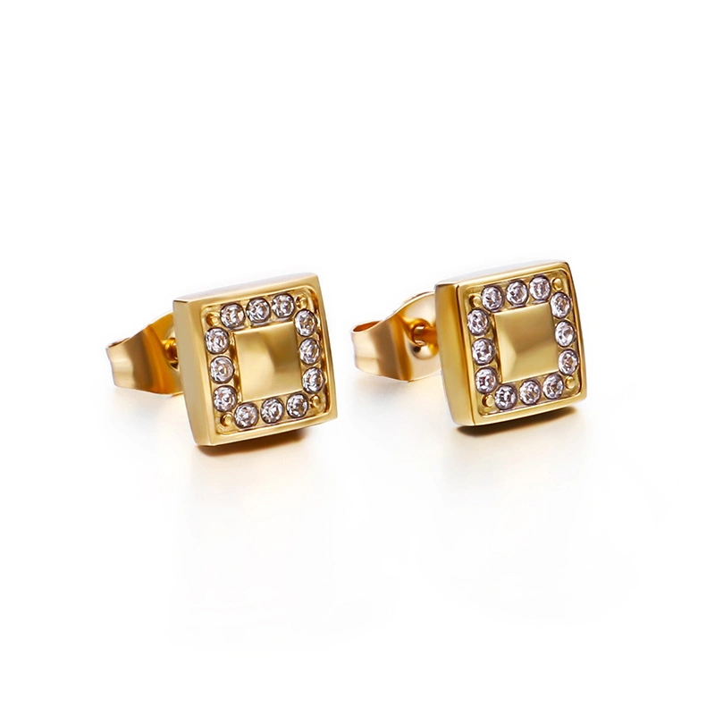 Geometric Square Rectangular Diamond-Set Gold-Plated Stainless Steel Earrings Stud