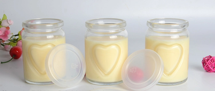 Food Grade Round Heart-Emboss Milk Pudding Glass Jar with Heart Shaped Engraved Jelly Jar