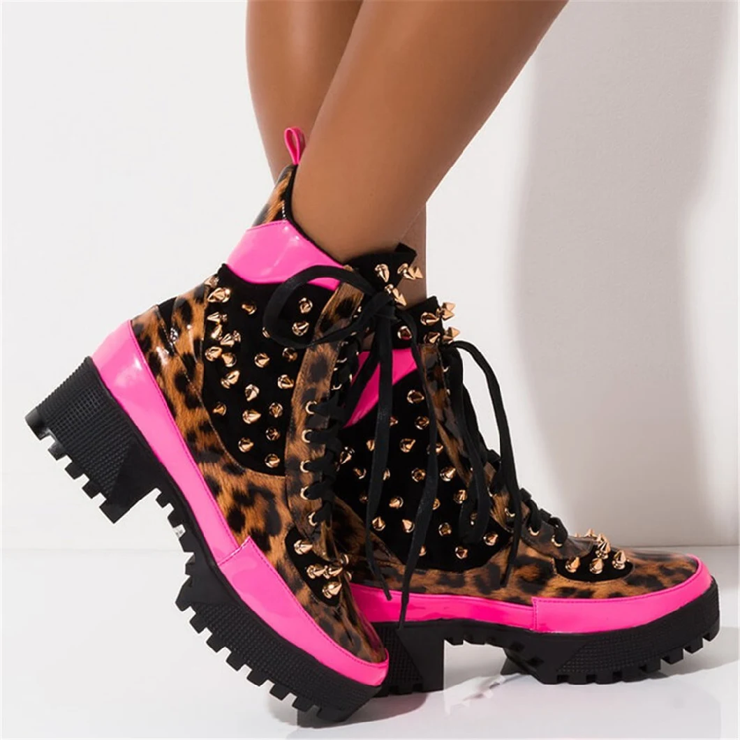 Fashion Spikes Studs Ladies Chunky High Heel Platform Desert Boots for Women