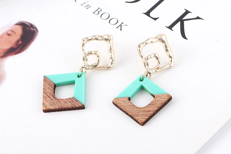 Hollow Rectangular Matte Gold Pendant Square Wood Earrings Jewelry Sweet Candy Earring for Girls