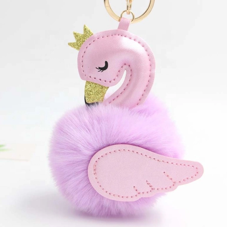 Cute Pompons Swan Keychains for Woman Car Bag Keyring Fluffy Rabbit Fur Ball Flamingo Keyholder Trinkets Pendant Jewelry Gift