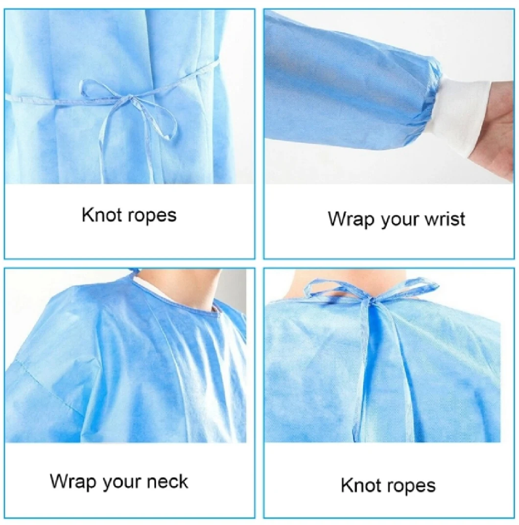 Disposable Fluid Resistant Non-Woven Isolation Gown SMS PP PE with Knitted Cuff Elastic Cuff