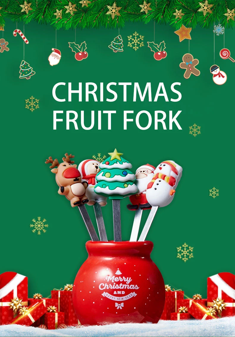 Colorful Christmas Shape Fruit Fork 304 Stainless Steel Fruit Needle with Holder