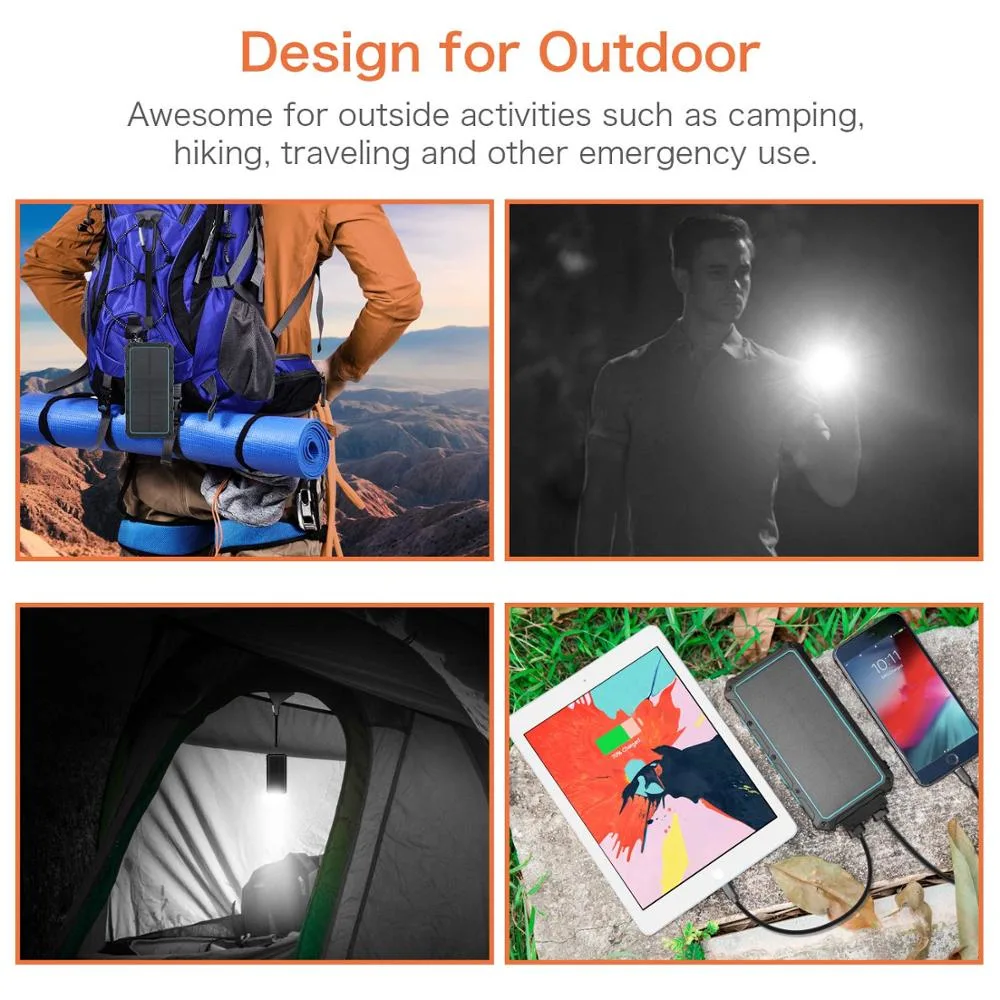 20000mAh Solar Power Bank Wild Camping with LED Flashlight Waterproof Solar Charger Multifunction Power Bank