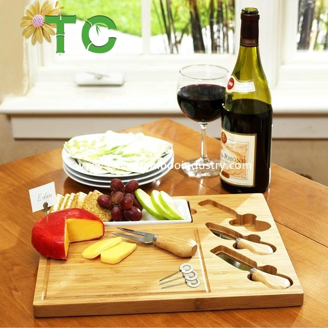 Wholesale Bamboo Cheese Board Set /Charcuterie Platter Serving Board With3 Stainless Steel Tools, 1 Ceramic Tray