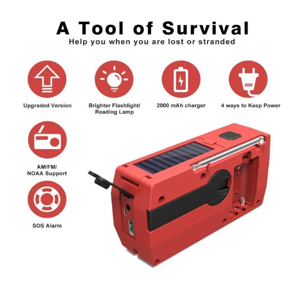 2000mAh Waterproof Portable Solar Radio and Crank Charger with Flashlight Reading Lamp Am FM