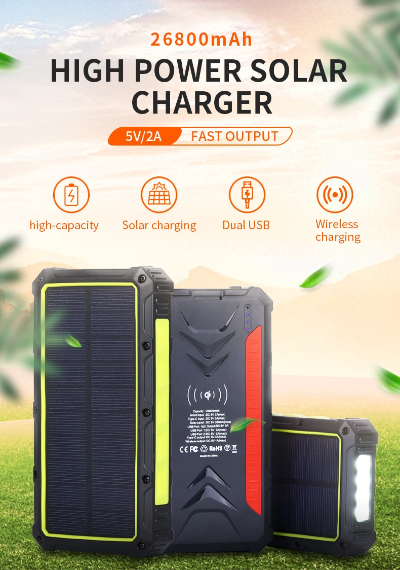 20000mAh Solar Power Bank Wild Camping with LED Flashlight Waterproof Solar Charger Multifunction Power Bank