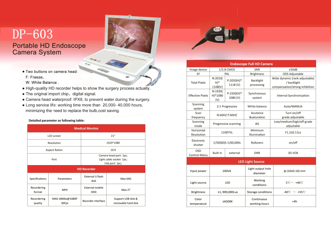 Medical Portable HD Endoscopy Unit Portable Endoscopy Camera System with Light Source for Hysteroscopy, Arthroscopy, Ent, Examination and Surgery