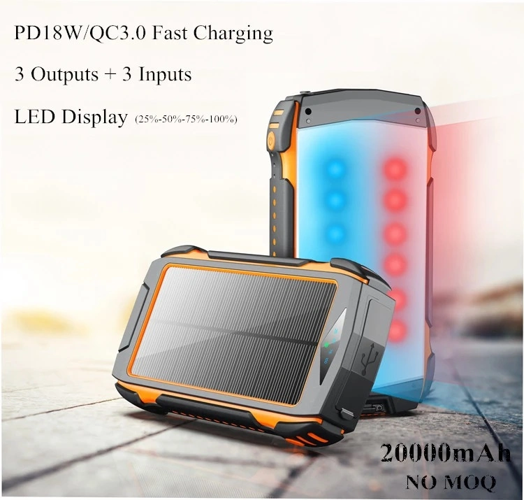 Hot Selling Manufacture with LED Flashlight 20000mAh Waterproof Solar Wireless Charger Power Bank