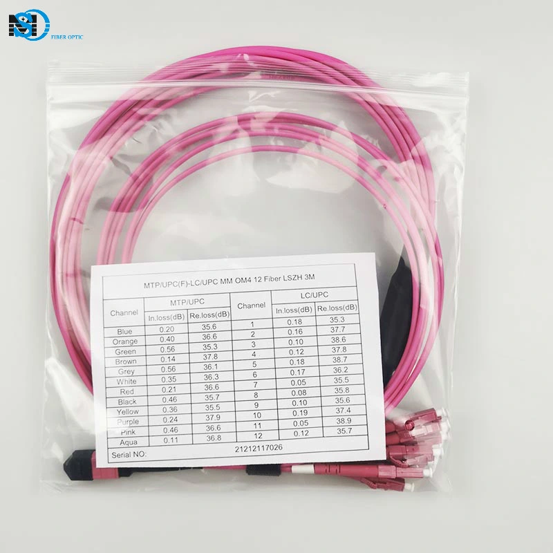 Fiber Optic Patch Cord MPO MTP Male Female to LC Upc 12c 12 Core Om4 Single Mode Sm PVC LSZH 0.9mm 2.0mm 3.0mm