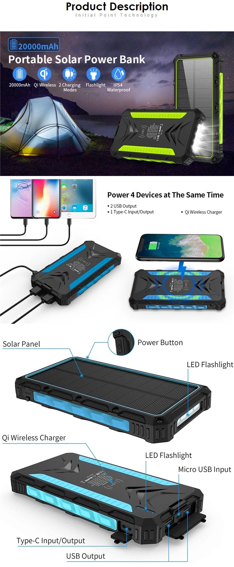 20000mAh Solar Power Bank Wild Camping with LED Flashlight Waterproof Solar Charger Multifunction Power Bank