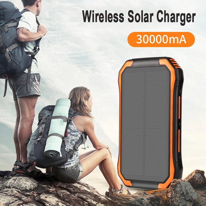 30000mAh Waterproof Wireless Solar Power Bank for Mobile Charger with LED Flashlight for Emergency Sos