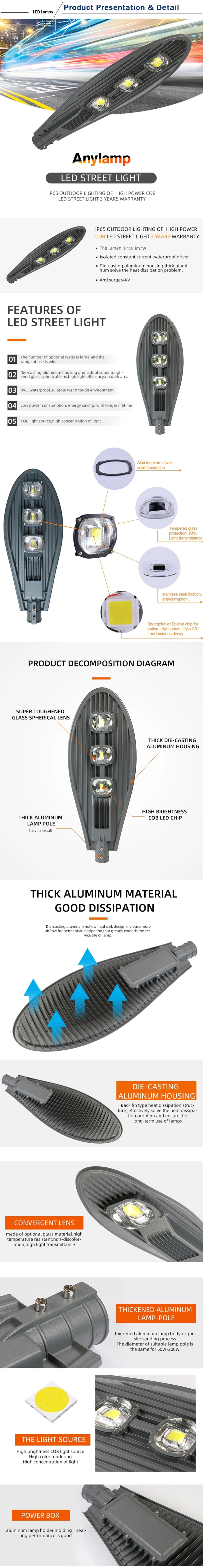 Hot Sales Product Aluminium Alloy COB Outdoor Waterproof IP65 220V AC 100W LED Street Light