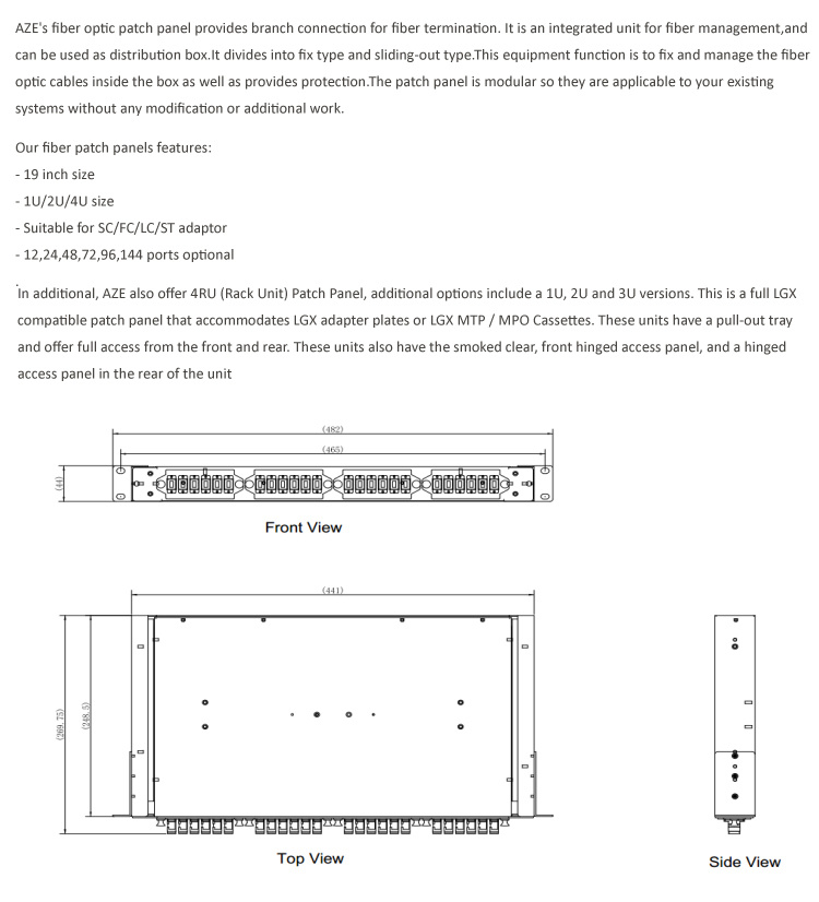 Aze 144 Port Fiber Optic Patch Panel 4u ODF Rack Mount Sliding Patch Panel-Of4umapanel12