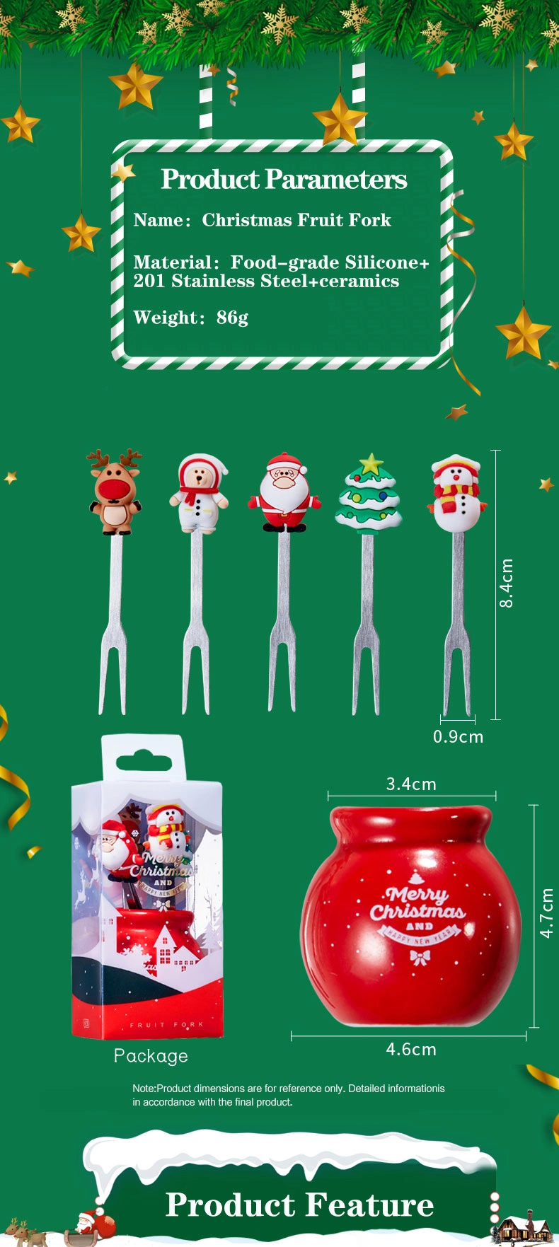 Colorful Christmas Shape Fruit Fork 304 Stainless Steel Fruit Needle with Holder
