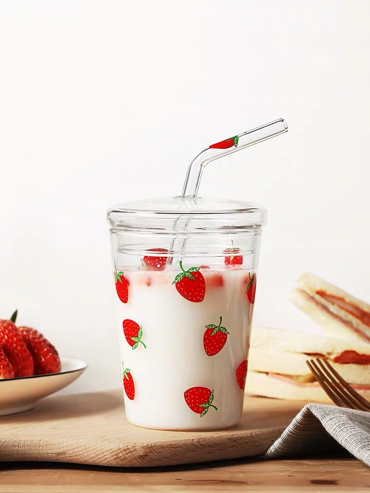 375ml Borosilicate Glass Water Drinking Cup with Glass Straw and Sealed Lid