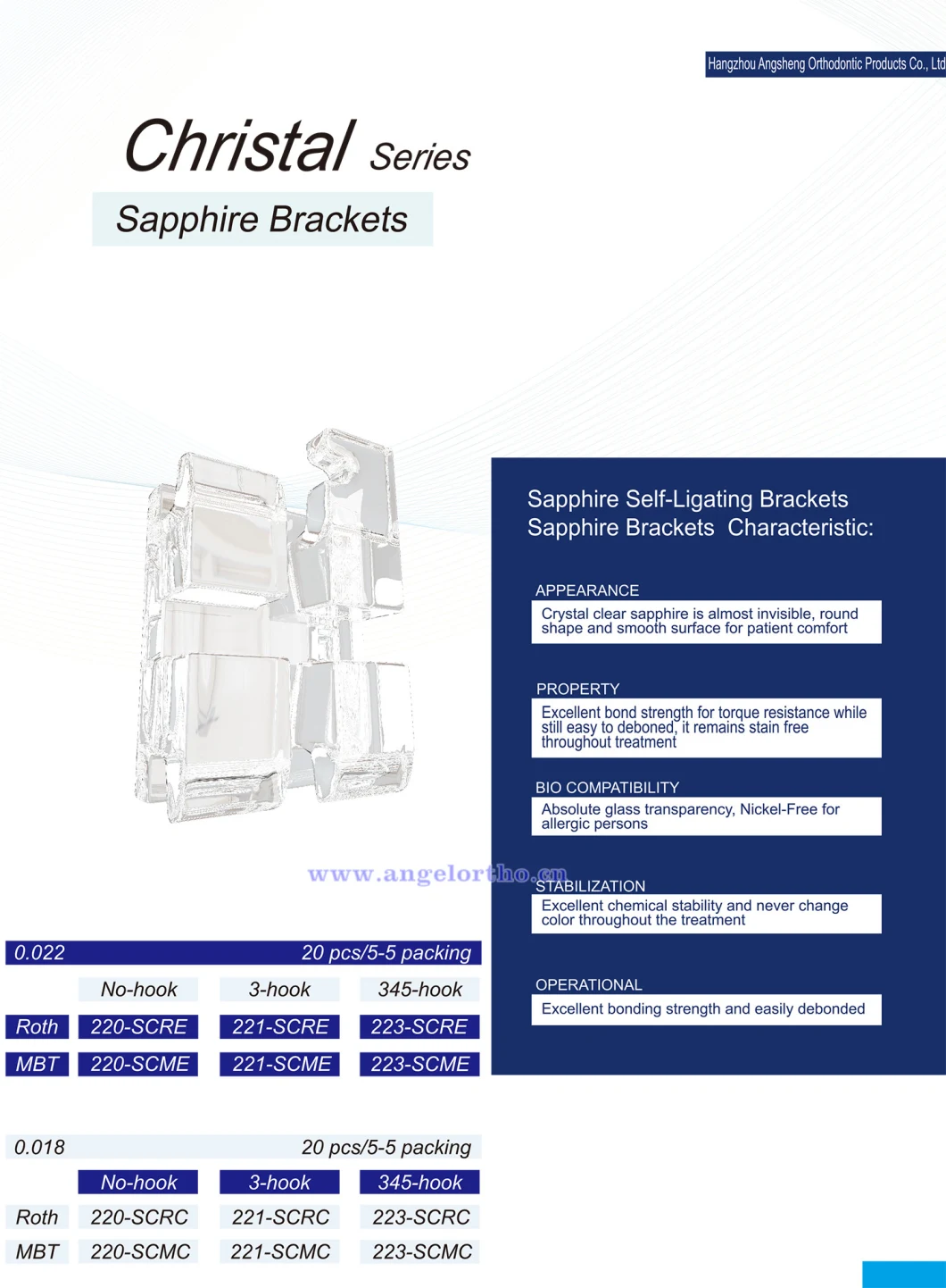 Orthodontic Sapphire 022/018 Roth Brackets with No-Hook/3 Hook/346 Hook